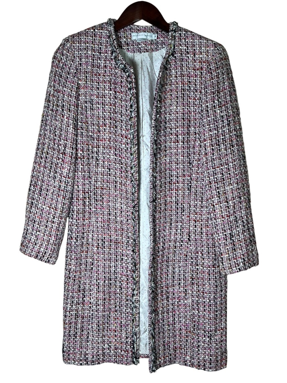 VTG Garfield & Marks Pink Tweed Coco Jacket Longline Open Front Fringe Sz 4 USA